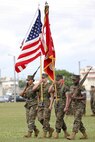 U.S. Marines with 3rd Transportation Support Battalion post the units colors during a relief and appointment ceremony for 3rd Transportation Support Battalion, Combat Logistics Regiment 3, 3rd Marine Logistics Group at Camp Foster, Okinawa, Japan March 15, 2019. Sgt. Maj. Jeffery J. Vandentop ceremoniously transferred accountability and authority of enlisted Marines to Sgt. Maj. Jose A. Beltran during the ceremony. (U.S. Marine Corps photo by Lance Cpl. Armando Elizalde)