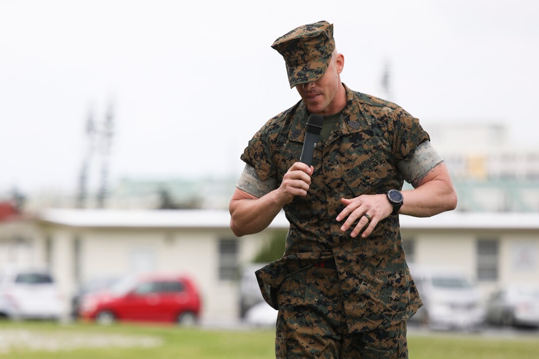 Sgt. Maj. Jeffery J. Vandentop addresses Marines and family members during a relief and appointment ceremony for 3rd Transportation Support Battalion, Combat Logistics Regiment 3, 3rd Marine Logistics Group at Camp Foster, Okinawa, Japan March 15, 2019. Vandentop ceremoniously transferred accountability and authority of enlisted Marines to Sgt. Maj. Jose A. Beltran during the ceremony. Vandentop is a native of Toronto, Canada. (U.S. Marine Corps photo by Lance Cpl. Armando Elizalde)