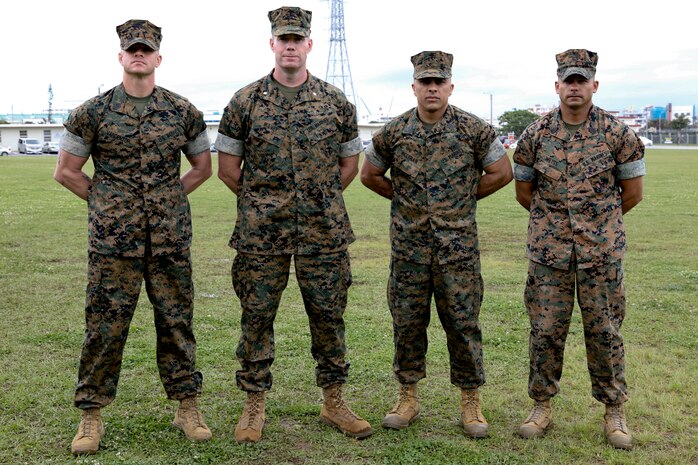 Sgt. Maj. Jeffery J. Vandentop, left, ceremoniously transferred accountability and authority of enlisted Marines to Sgt. Maj. Jose A. Beltran, center right, during a relief and appointment ceremony for 3rd Transportation Support Battalion, Combat Logistics Regiment 3, 3rd Marine Logistics Group at Camp Foster, Okinawa, Japan March 15, 2019. Beltran, the battalion sergeant major for 3rd TSB, is a native of Puerto Rico. Vandentop is a native of Toronto, Canada. (U.S. Marine Corps photo by Lance Cpl. Armando Elizalde)