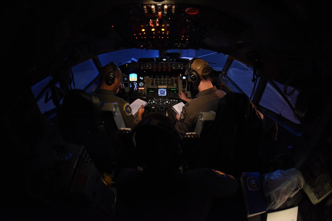 A KC-135 Stratotanker crew conduct pre-flight checks at RAF Mildenhall, England, March 11, 2019. The crew was involved in training with Romanian air force F-16s over the skies of Romania which enhanced regional capabilities to secure air sovereignty and promote peace and security through cooperation, collaboration, interoperability with NATO partners and other allies in the region. (U.S. Air Force photo by Airman 1st Class Brandon Esau)