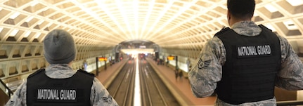 District of Columbia National Guardsmen keep a watchful eye in the McPherson Square Metro Station January 19 as part of their Task Force Amendment mission. The task force, consisting of approximately 250 Soldiers and Airmen, provided crowd management and traffic control in support of an annual march in Washington, D.C.