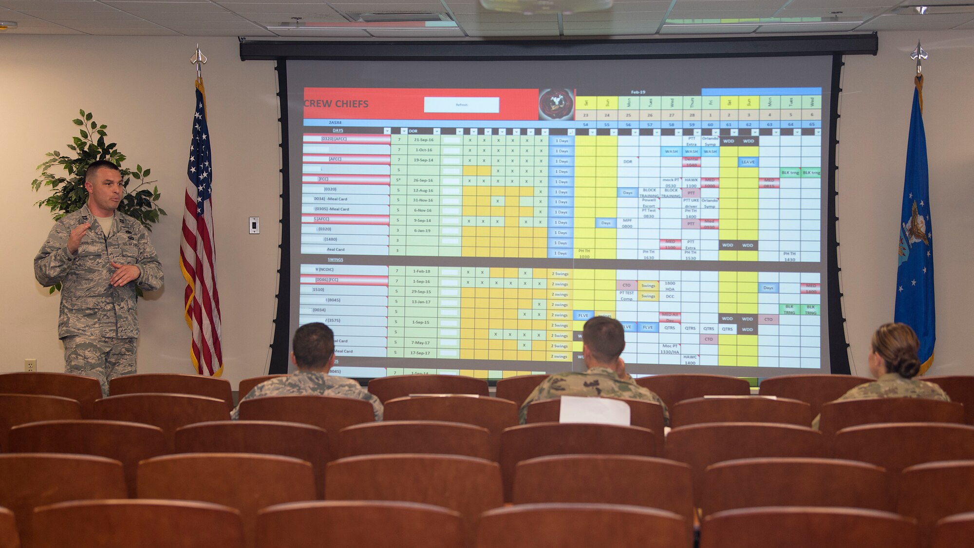 U.S. Air Force Capt. Felix Carrillo, a 6th Aircraft Maintenance Squadron officer, pitches his idea on how to improve the way schedules are created to wing leadership during the second annual Fuel Tank at MacDill Air Force Base, Fla., March 14, 2019. Carrillo was one of 12 Airmen who presented ideas to the base commander, vice commander and command chief.