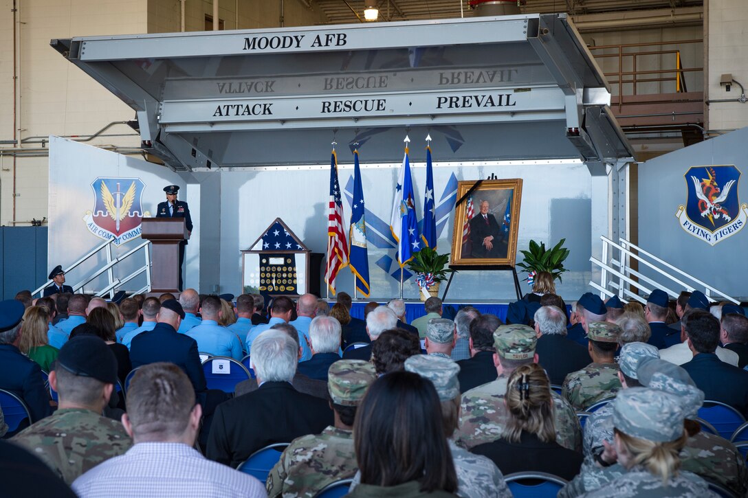 Col. Jennifer Short, 23d Wing commander, speaks during the Celebration of Life ceremony honoring the late Mr. W. Parker Greene, March 14, 2019, at Moody Air Force Base, Ga. Mr. Greene was an Air Force advocate who was the patriarch of the relationship between Moody and South Georgia for more than 40 years. Most notably, Mr. Greene’s commitment to the military presence in Valdosta led to him becoming the first executive director of the Moody Support Committee. Mr. Greene, a steadfast Air Force advocate and one of the most influential military civic leaders, passed away Dec. 18, 2018. (U.S. Air Force photo by Airman 1st Class Taryn Butler)
