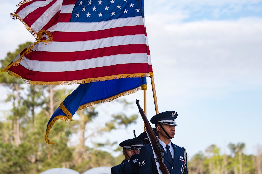 The Moody Base Honor Guard practices prior to the Celebration of Life ceremony honoring the late Mr. W. Parker Greene, March 14, 2019, at Moody Air Force Base, Ga. Greene, a steadfast Air Force advocate and one of the most influential military civic leaders passed away Dec. 18, 2018. (U.S. Air Force Photo by Senior Airman Janiqua P. Robinson)