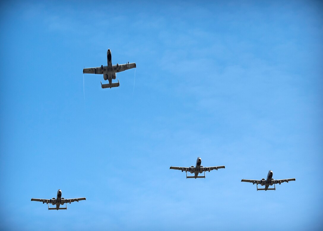 A-10C Thunderbolt II's fly in a Missing Man formation at the Celebration of Life ceremony honoring the late W. Parker Greene, March 14, 2019, at Moody Air Force Base, Ga. The event was held in honor of Mr.Greene and his unwavering support to Moody, the local community and the entire Air Force for more than 40 years. Mr. Greene, a steadfast Air Force advocate and one of the most influential military civic leaders, passed away Dec. 18, 2018. (U.S. Air Force photo by Airman 1st Class Eugene Oliver)