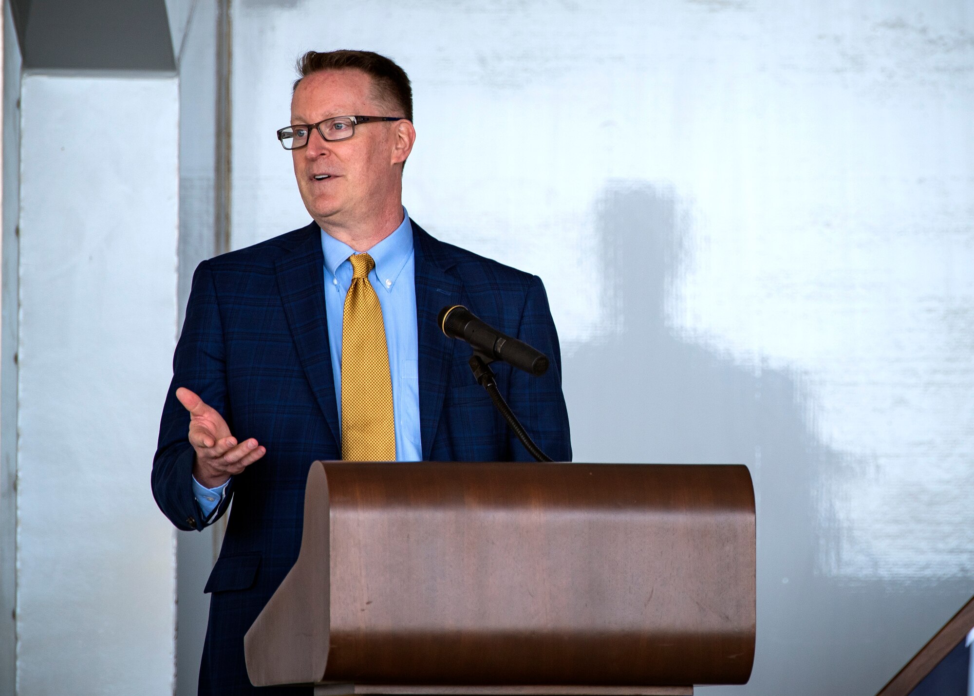 W. Parker Greene Jr. speaks at the Celebration of Life ceremony honoring his father, March 14, 2019, at Moody Air Force Base, Ga. Mr. Greene was an Air Force advocate who was the patriarch of the relationship between Moody and the local community. He was also instrumental in keeping Moody active after it was identified for possible closure in 1991; his continued dedication to the Air Force resulted in him receiving the highest Air Force civilian honor, the Air Force Distinguished Public Service Award twice. Mr. Greene, a steadfast Air Force advocate and one of the most influential military civic leaders, passed away Dec. 18, 2018. (U.S. Air Force photo by Airman 1st Class Eugene Oliver)