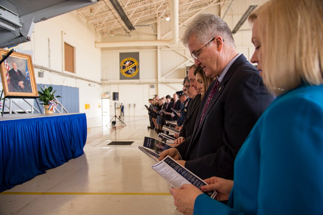 Attendees sing “America the Beautiful” during the Celebration of Life ceremony honoring the late Mr. W. Parker Greene, March 14, 2019, at Moody Air Force Base, Ga. Greene, a steadfast Air Force advocate and one of the most influential military civic leaders passed away Dec. 18, 2018. (U.S. Air Force Photo by Andrea Jenkins)