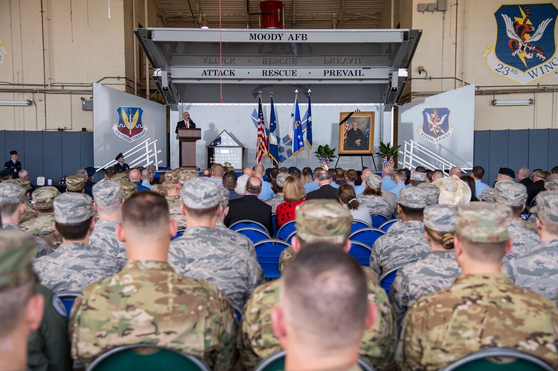 John Gayle, Valdosta mayor, welcomes attendees during the Celebration of Life ceremony honoring the late Mr. W. Parker Greene, March 14, 2019, at Moody Air Force Base, Ga. Greene, a steadfast Air Force advocate and one of the most influential military civic leaders passed away Dec. 18, 2018. (U.S. Air Force Photo by Andrea Jenkins)