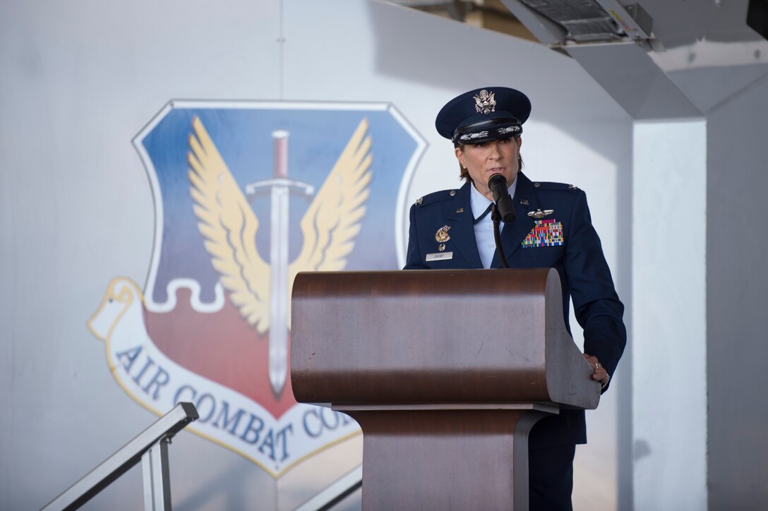 Col. Jennifer Short, 23d Wing commander, makes remarks during the Celebration of Life ceremony honoring the late Mr. W. Parker Greene, March 14, 2019, at Moody Air Force Base, Ga. Greene, a steadfast Air Force advocate and one of the most influential military civic leaders passed away Dec. 18, 2018. (U.S. Air Force Photo by Andrea Jenkins)