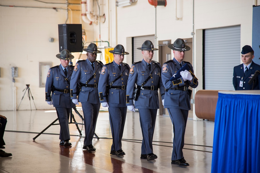 A Georgia State Patrol detail preparing for a flag-folding ceremony during the Celebration of Life ceremony honoring the late Mr. W. Parker Greene, March 14, 2019, at Moody Air Force Base, Ga. Greene, a steadfast Air Force advocate and one of the most influential military civic leaders passed away Dec. 18, 2018. (U.S. Air Force Photo by Andrea Jenkins)