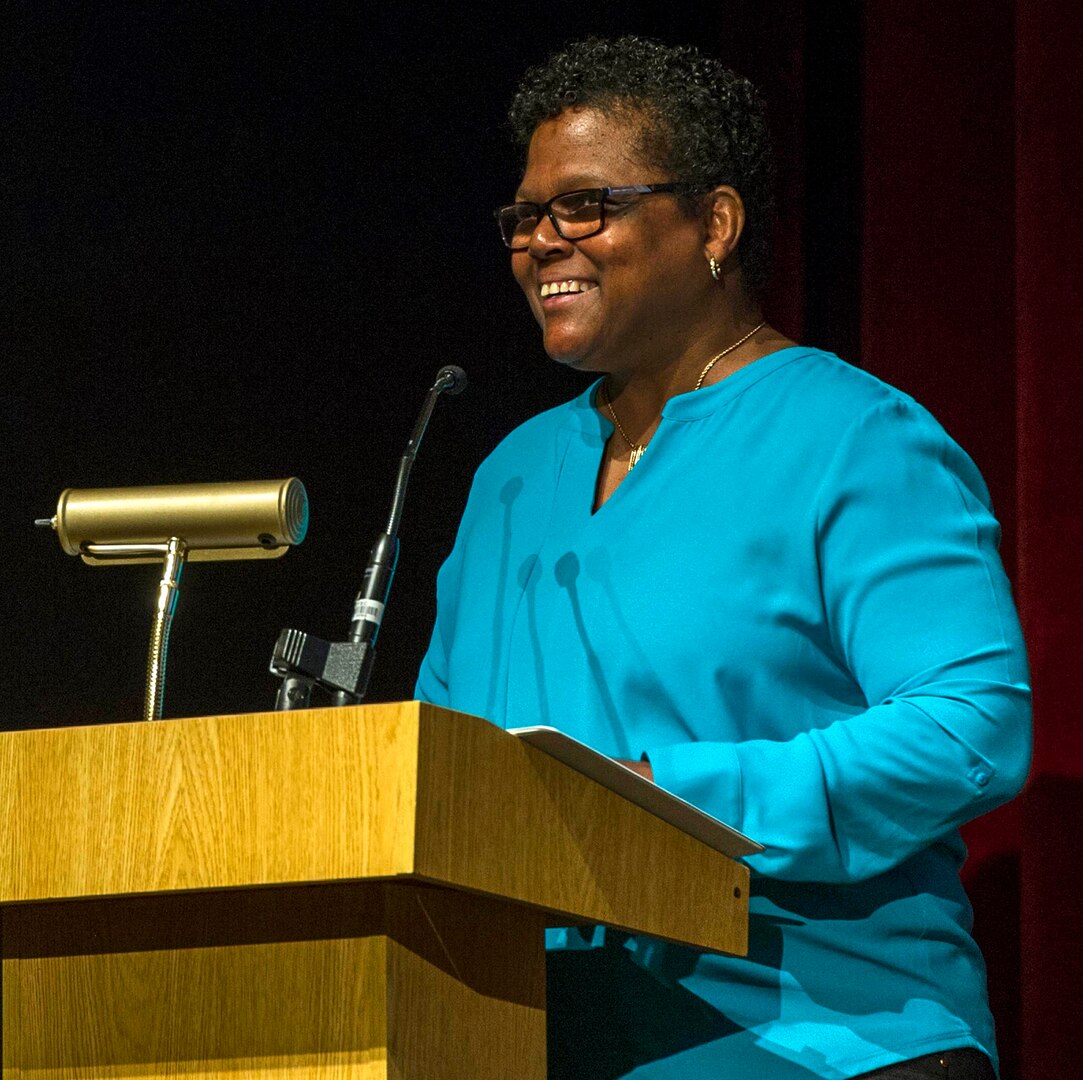 Retired Command Master Chief Octavia Harris, department chair, Department of Veteran Affairs’ Advisory Committee for Women, delivers remarks during the Joint Base San Antonio-Fort Sam Houston Women’s History Month observance March 13.