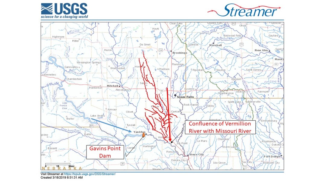 The Vermillion River in South Dakota enters the Missouri River downstream of Gavins Point Dam.