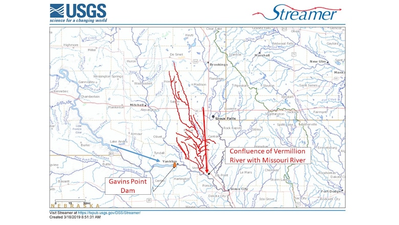 The Vermillion River in South Dakota enters the Missouri River downstream of Gavins Point Dam.
