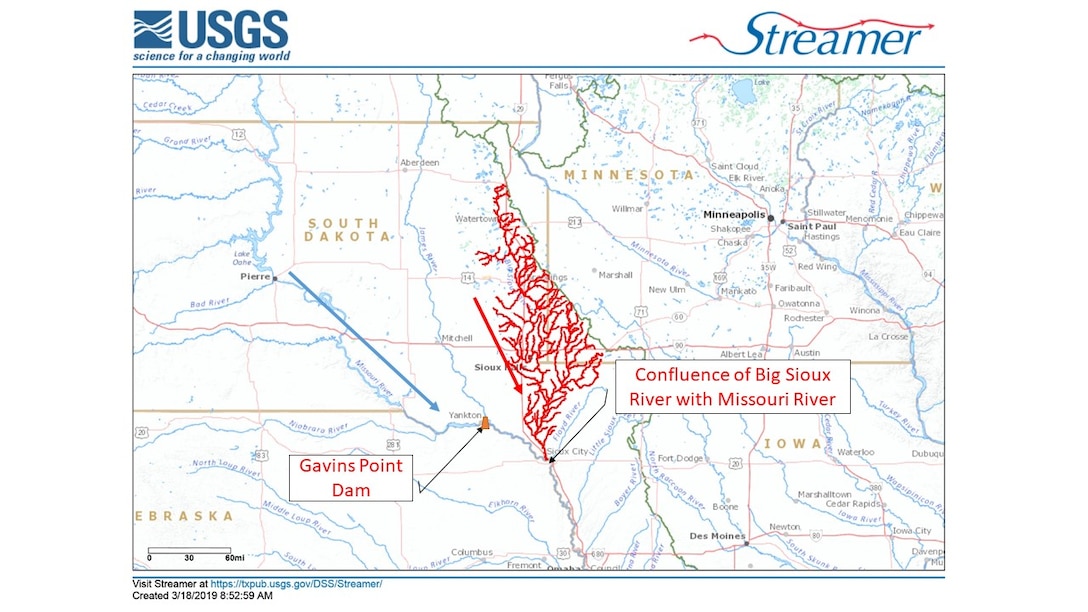 The Big Sioux River enters the Missouri River at Sioux City, Iowa, downstream of Gavins Point Dam.