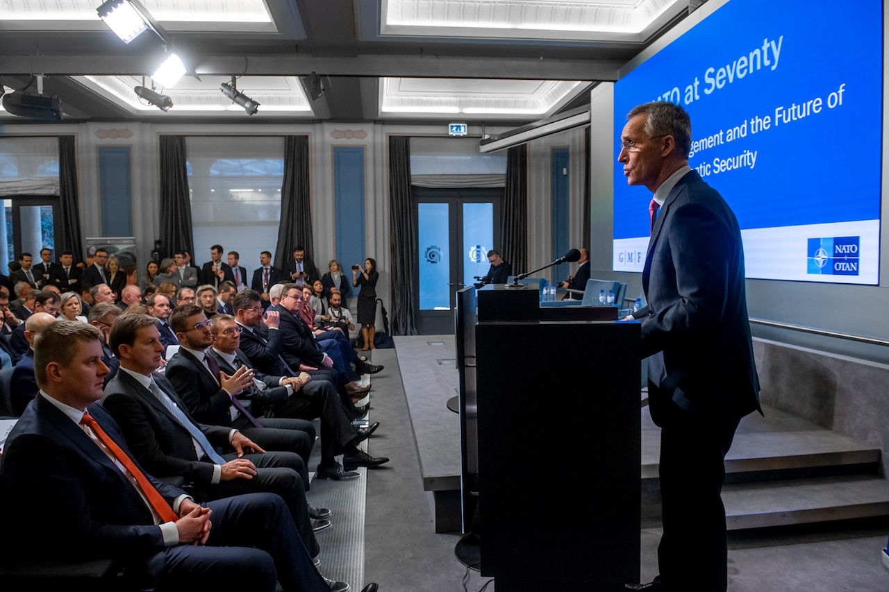 NATO Secretary General Jens Stoltenberg delivers keynote remarks.