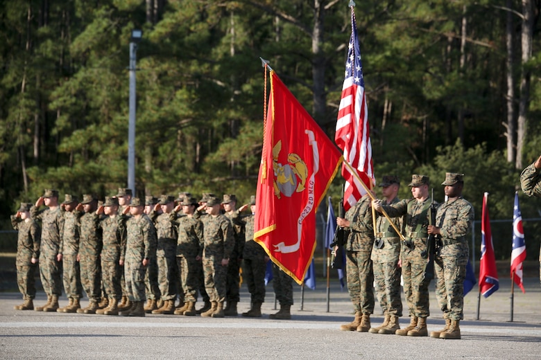 Marines stand in formation during Combat Logistic Company 23's realignment ceremony aboard Marine Corps Air Station Beaufort, March 15. During the ceremony, CLC-23 realigned from under the command of Combat Logistics Regiment 25 to 2nd Maintenance Battalion, both aboard Camp Lejeune, N.C.