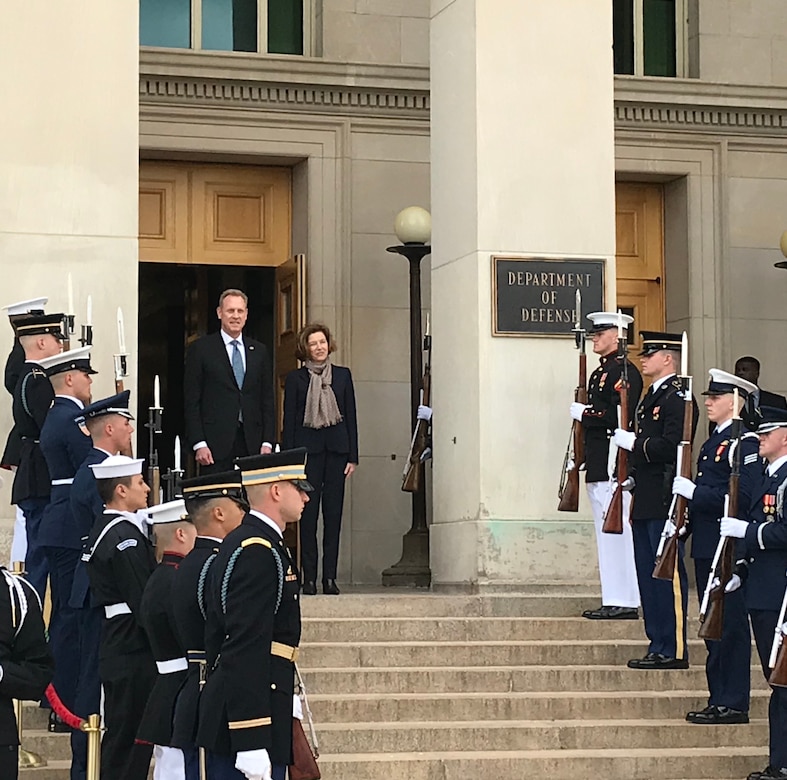 Acting Defense Secretary Patrick M. Shanahan welcomes French Armed Forces Minister Florence Parly to the Pentagon.