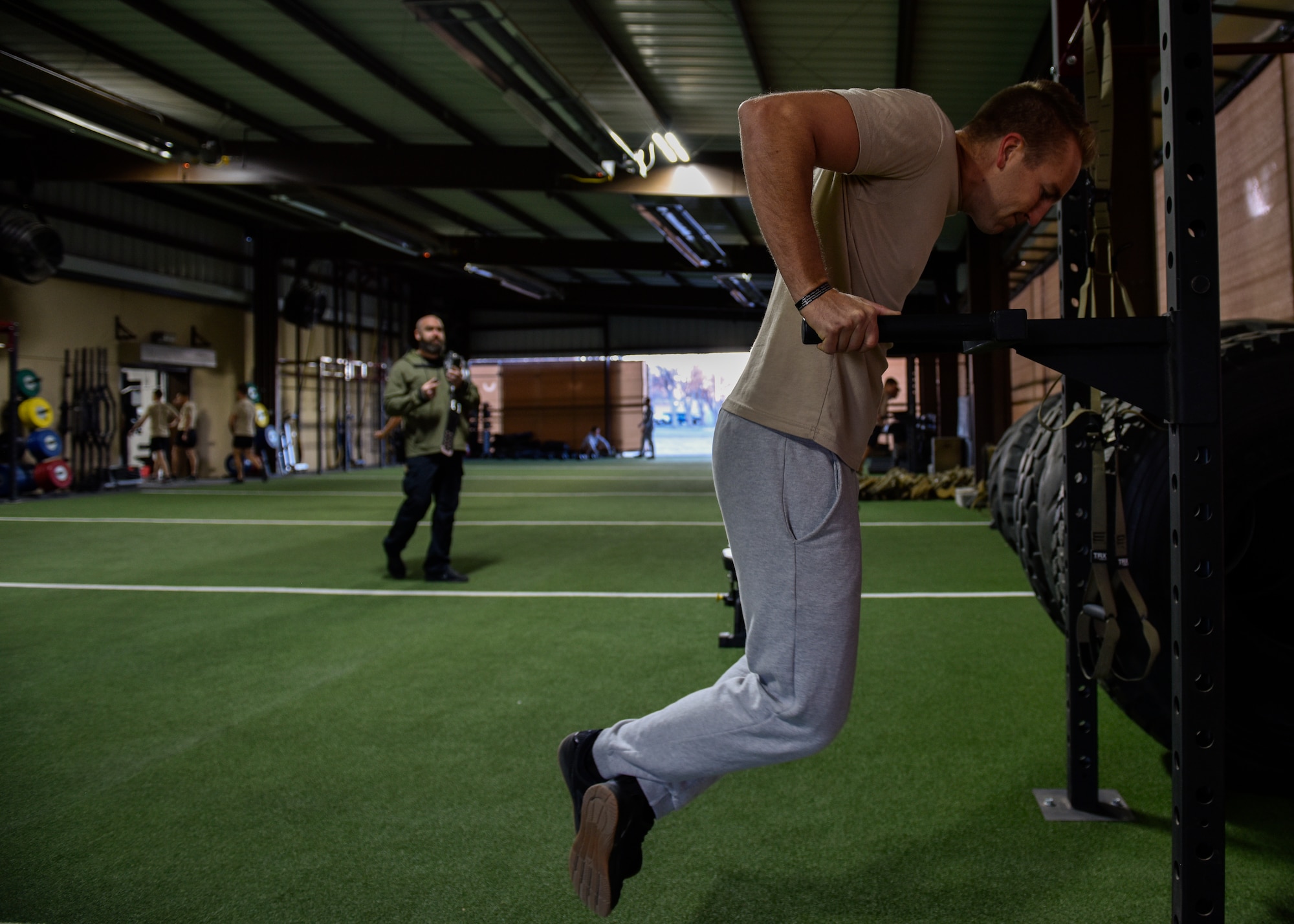 A participant in the Maltz Challenge performs the dip exercise at Kirtland Air Force Base, N.M., March 15, 2019. In addition to honoring U.S. Air Force Master Sgt. Michael Maltz, the 351st Special Warfare Training Squadron (U.S. AF Pararescue School) honored U.S. Air Force Capt. Mark Weber, a combat rescue officer who was killed-in-action March 15, 2018. (U.S. Air Force photo by Airman 1st Class Austin J. Prisbrey)