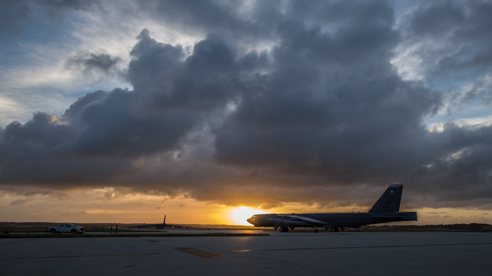 A B-52 Stratofortress taxis down the flightline at Andersen Air Force Base, Guam, March 18, 2019.