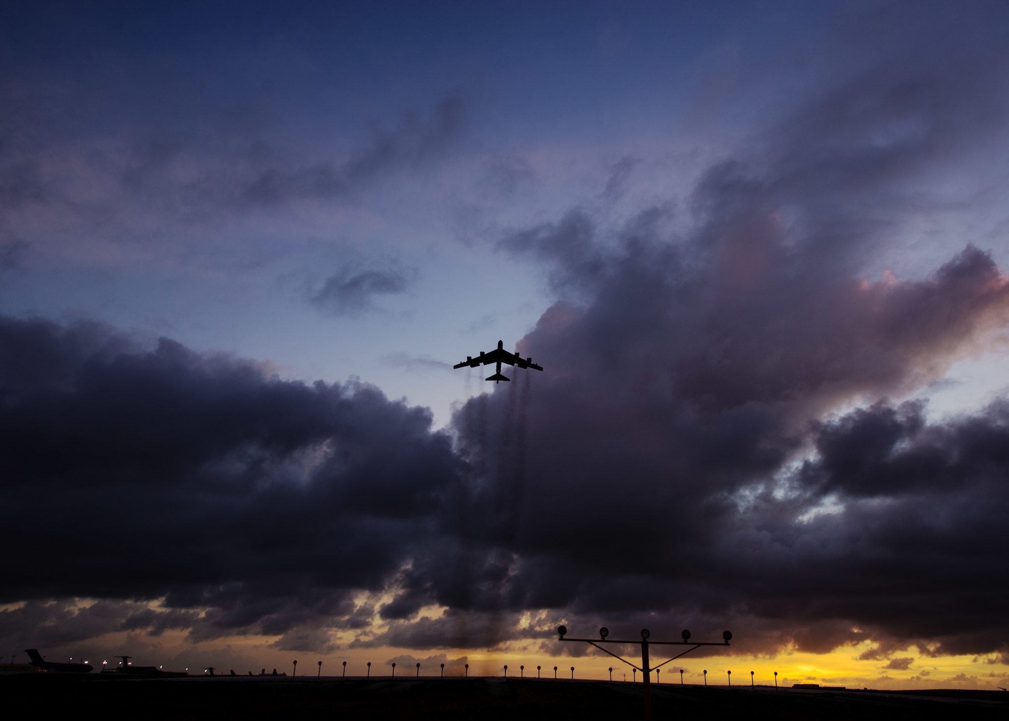 A B-52 Stratofortress bomber departs Andersen Air Force Base, Guam, for a training mission, March 18, 2019.