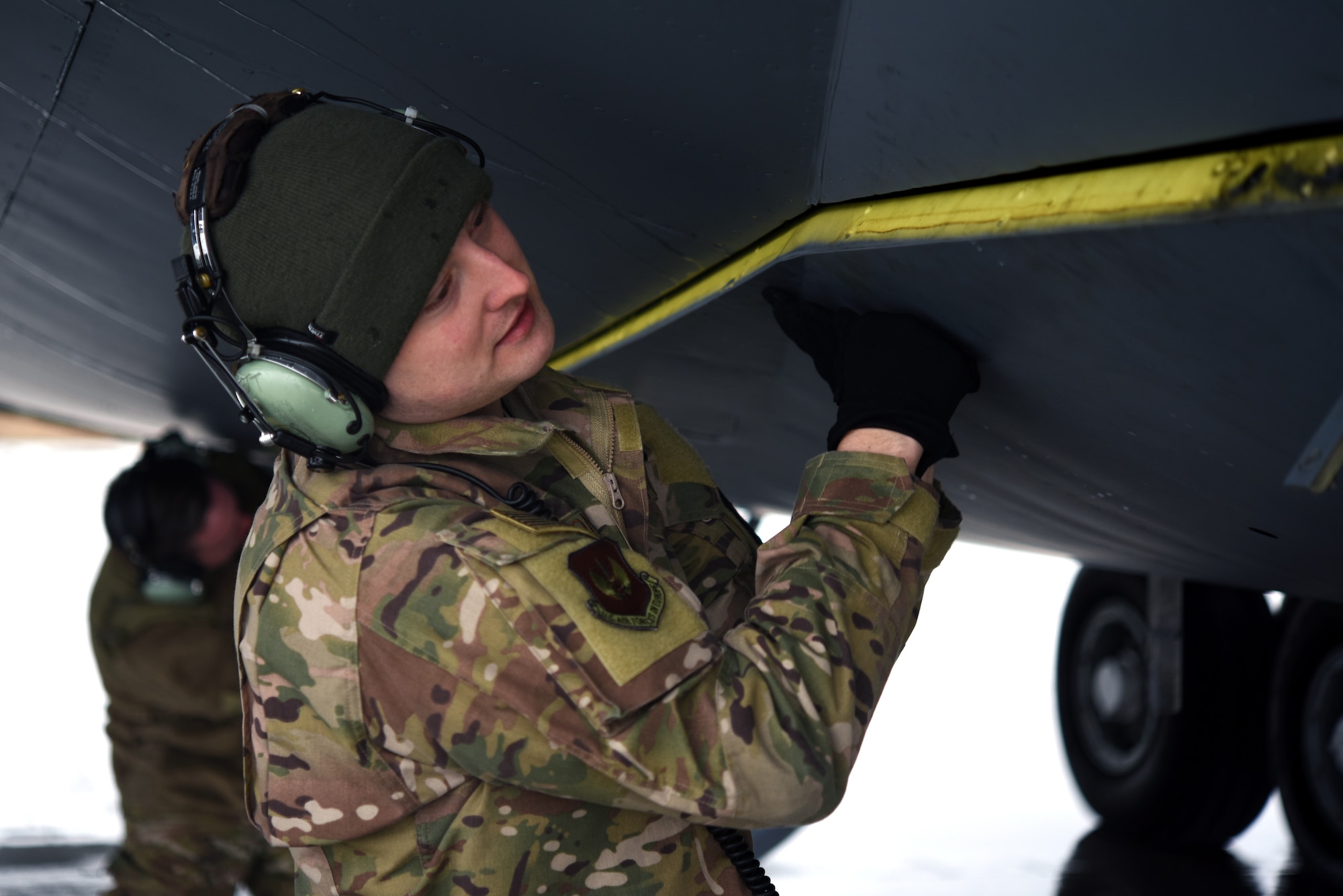 U.S. Air Force Staff Sgt. Shannon Nations, 100th Aircraft Maintenance Squadron flying crew chief, preps a KC-135 Stratotanker from RAF Mildenhall during training with Romanian air force F-16s in Bucharest, Romania, March 12, 2019. The crew was involved in training with Romanian air force F-16s over the skies of Romania, which enhanced regional capabilities to secure air sovereignty and promote peace and security through cooperation, collaboration, interoperability with NATO allies in the region. (U.S. Air Force photo by Airman 1st Class Brandon Esau)