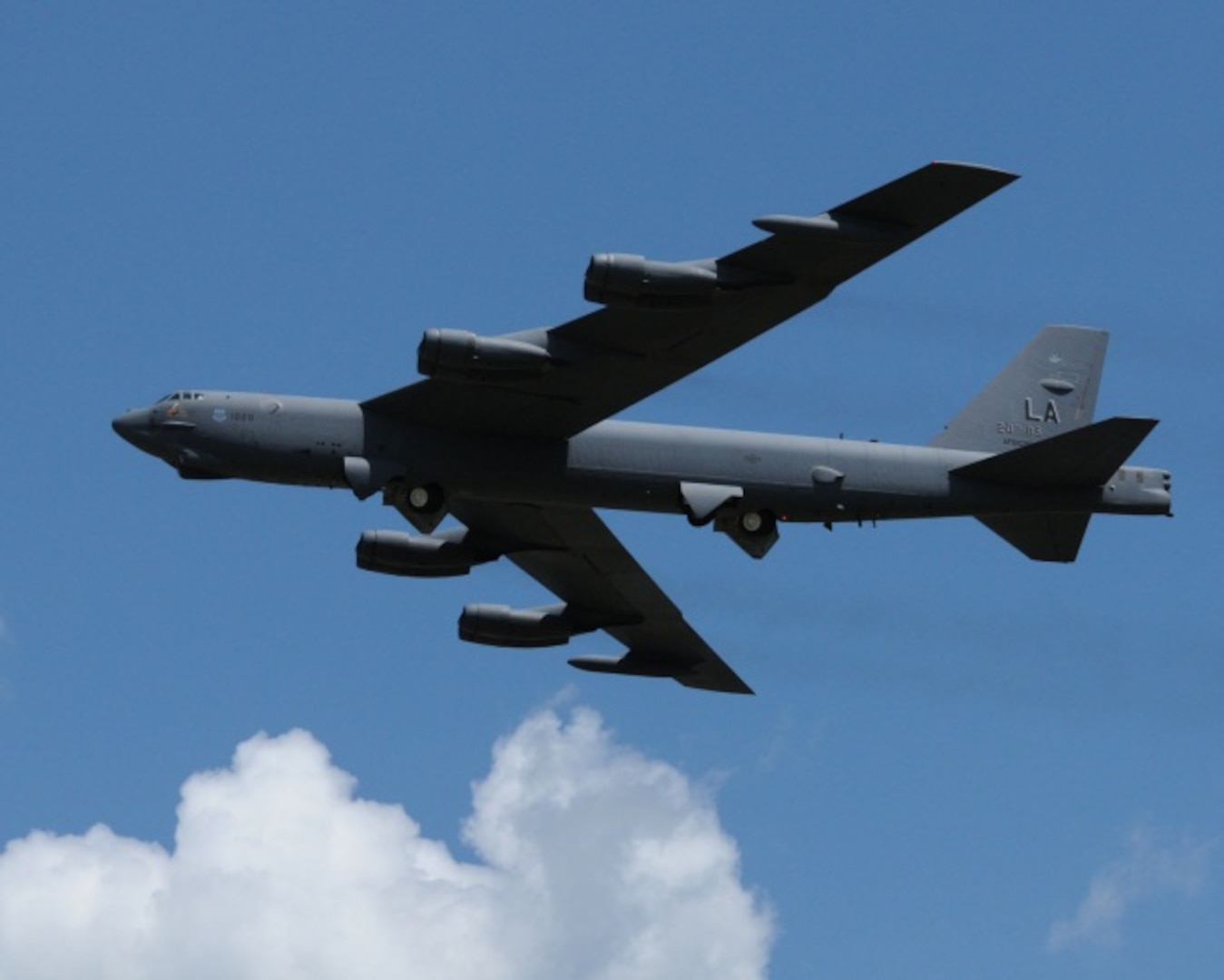 A B-52 Stratofortress from the 2nd Bomb Wing, Barksdale AFB, LA, prepares to land at the Sioux Gateway Airport / Col. Bud Day Field, in Sioux City, Iowa. The B-52 will be on display at the "Air and Ag Show" hosted by the 185th Air Refueling Wing.