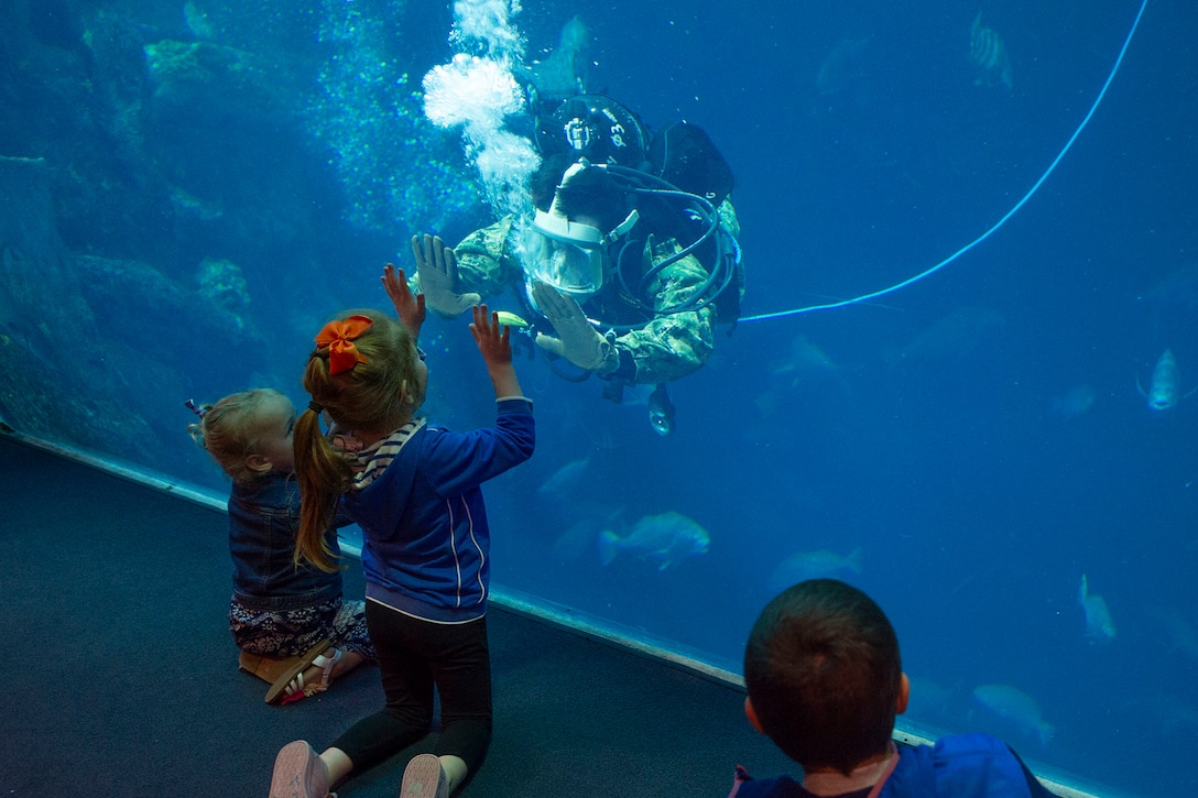 A diver interacts with an aquarium visitor.