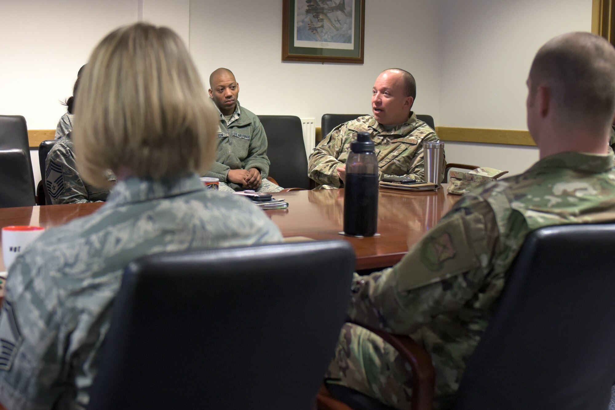 U.S. Air Force Chief Master Sgt. Joseph Krussick, 100th Maintenance Group superintendent, discusses his ideas about Operation GRIT at RAF Mildenhall, England, March 14, 2019. GRIT’s emphasis is on revitalizing the squadron, giving ownership to commanders and focusing on the positive results of a culture of professionalism.   (U.S. Air Force photo by Senior Airman Benjamin Cooper)