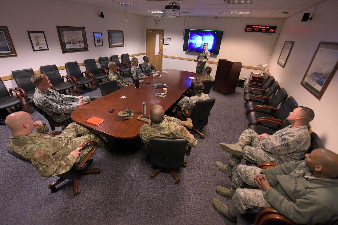 U.S. Air Force Tech. Sgt. Anthony Sweat, 100th Maintenance Squadron NCO-in-charge of non-destructive inspections, leads a discussion from Operation GRIT at RAF Mildenhall, England, March 14, 2019. GRIT is tailored for all Airmen across U.S. Air Forces in Europe and  Air Forces Africa. (U.S. Air Force photo by Senior Airman Benjamin Cooper)