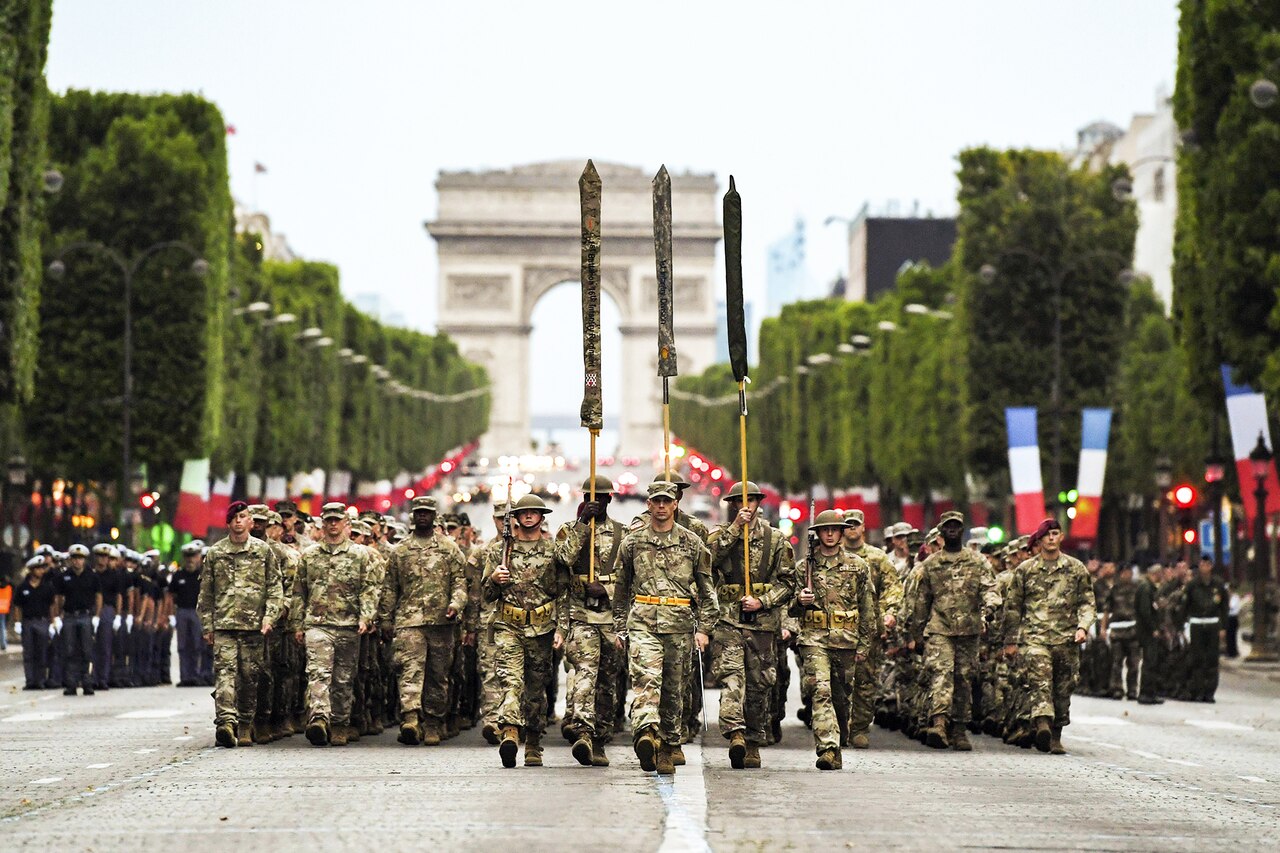 Soldiers march.