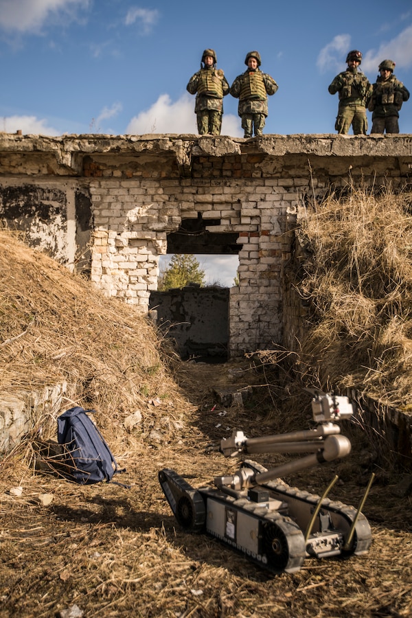 Representatives from Poland, Canada, Spain, and Albania watch an Albanian explosive ordnance device robot investigate an inert improvised explosive device during an IED scenario at Adazi Training Area, March 9, 2019, during exercise Dynamic Front 19. Exercise Dynamic Front 19 includes approximately 3,200 service members from 27 nations who are observing or participating from Grafenwoehr Training Area, Germany; Riga, Latvia; and Torun, Poland; during March 2-9, 2019. Dynamic Front is an annual U.S. Army Europe exercise focused on the readiness and interoperability of U.S. Army, joint service, and allied and partner nations’ artillery and fire support working together in a multinational environment. (U.S. Marine Corps photo by Cpl. Niles Lee)