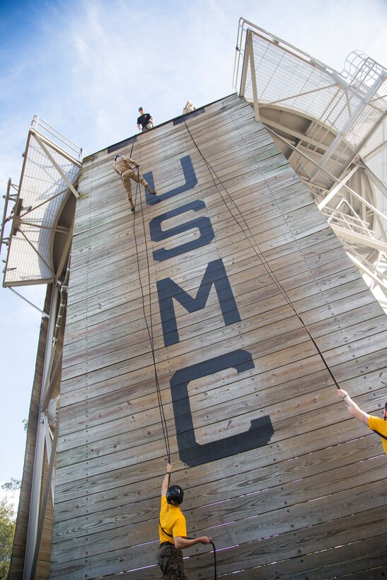 Recruits with Fox Company, 2nd Recruit Training Battalion, rappel down the rappel tower aboard Marine Corps Depot Parris Island,  Feb. 4. The rappel tower is a training event designed to instill confidence within recruits and introduce them to environments they may encounter while serving in the Marine Corps. (U.S. Marine Corps photo by Lance Cpl.Yamil Casarreal)