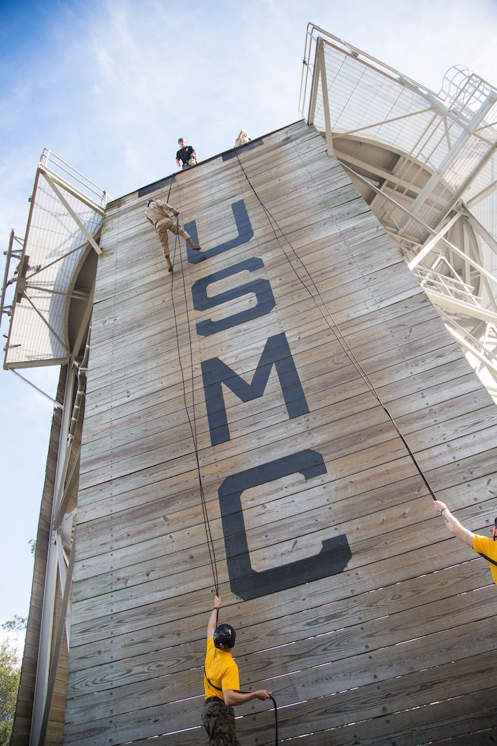 Recruits with Fox Company, 2nd Recruit Training Battalion, rappel down the rappel tower aboard Marine Corps Depot Parris Island,  Feb. 4. The rappel tower is a training event designed to instill confidence within recruits and introduce them to environments they may encounter while serving in the Marine Corps. (U.S. Marine Corps photo by Lance Cpl.Yamil Casarreal)