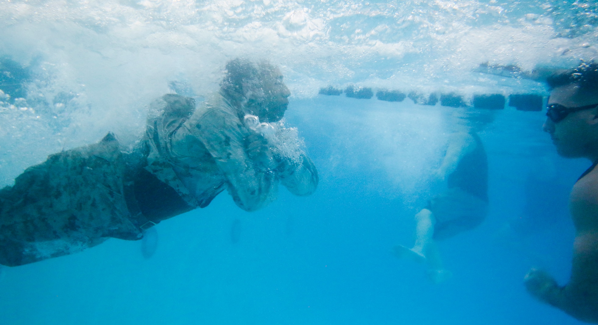 Recruits with Bravo Company, 1st Recruit Training Battalion, complete swim qualification training at the pool aboard Marine Corps Recruit Depot Parris Island , S.C., Feb 5. The swim qualificiation is a graduation requirement for recruit training and can be an annual training requirement for Marines. (U.S. Marine Corps photo by Warrant Officer Bobby J. Yarbrough/Released)