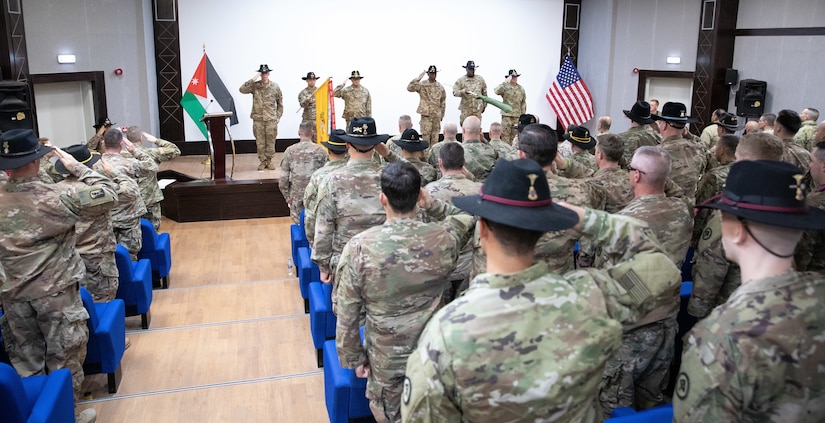 U.S. Army Soldiers salute for the playing of the National Anthem during a transfer of authority ceremony at the Joint Training Center, March 14, 2019. During the ceremony, the New Jersey National Guard’s 1st Squadron, 102nd Cavalry Regiment assumed mission authority from the California National Guard’s 1st Squadron, 18th Cavalry Regiment.
