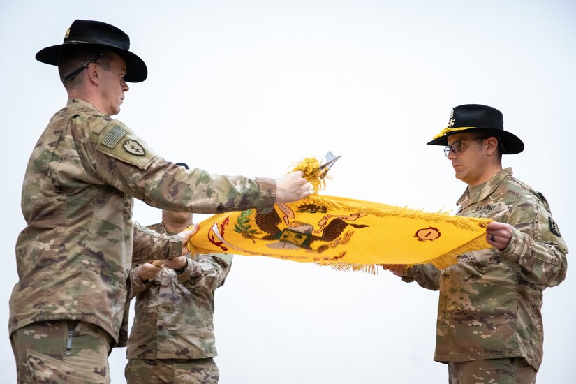 U.S. Army Lt. Col. Jeremy Hopkins, California National Guard’s 1st Squadron, 18th Cavalry Regiment (1-18 CAV) commander and Command Sgt. Maj. Luis F. Ferretti, 1-18 CAV, command sergeant major, furl their unit colors during a transfer of authority ceremony at the Joint Training Center in Jordan, March 14, 2019. The 1-18 CAV relinquished authority to the New Jersey National Guard’s 1st Squadron, 102nd Cavalry Regiment after a nine-month rotation in Jordan where they worked with the Jordan Armed Forces’ Border Guard Force as part of the Jordan Operational Engagement Program.