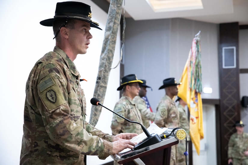 U.S. Army Lt. Col. Jeremy T. Hopkins, California National Guard’s 1st Squadron, 18th Cavalry Regiment commander (1-18 CAV), speaks to U.S. and Jordan Armed Forces soldiers during his unit’s transfer of authority ceremony at the Joint Training Center (JTC) in Jordan, March 14, 2019. The 1-18 CAV partnered with the Jordan Armed Forces’ Border Guard Force (BGF) and completed four 10-week cycles with BGF battalions during their nine-month rotation at JTC.