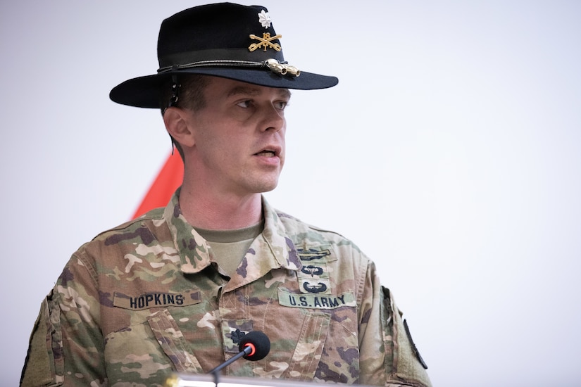 U.S. Army Lt. Col. Jeremy T. Hopkins, California National Guard’s 1st Squadron, 18th Cavalry Regiment (1-18 CAV) commander, speaks to U.S. and Jordan Armed Forces soldiers during his unit’s transfer of authority ceremony at the Joint Training Center in Jordan, March 14, 2019. The 1-18 CAV spent nine months in Jordan where they trained with Jordan Armed Forces’ Border Guard Force as part of the Jordan Operational Engagement Program.