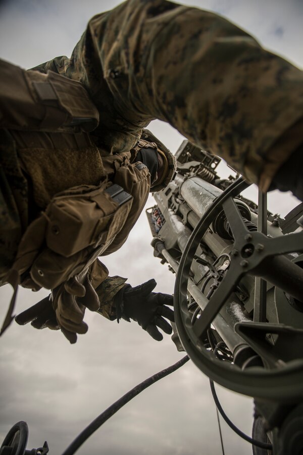 U.S. Marine Corps Lance Cpl. Emmanuel Ejinwa, a cannoneer with Hotel Battery, 3rd Battalion, 14th Marine Regiment, 4th Marine Division, maneuvers a M777 howitzer into position before a live-fire range at Adazi Training Area, Latvia, March 1, 2019, during exercise Dynamic Front 19. Approximately 3,200 participants from 27 nations will take part in the live-fire portion of exercise Dynamic Front 19, March 2-9, 2019, at the U.S. Army's Grafenwoehr Training Area, Germany; as well as in Riga, Latvia; and Torun, Poland. (U.S. Marine Corps photo by Cpl. Niles Lee)
