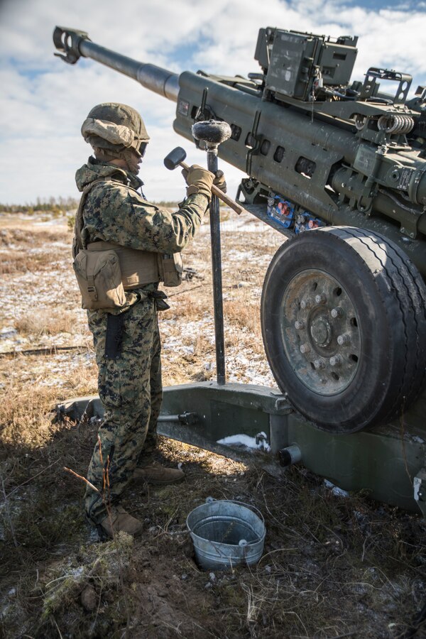 U.S. Marine Corps Pfc. Laurel Winn, a cannoneer with Hotel Battery, 3rd Battalion, 14th Marine Regiment, 4th Marine Division, knocks ice off of a M777 howitzer barrel swab during a live-fire range at Adazi Training Area, Latvia, March 2, 2019, during exercise Dynamic Front 19. Approximately 3,200 participants from 27 nations will take part in the live-fire portion of exercise Dynamic Front 19, March 2-9, 2019, at the U.S. Army's Grafenwoehr Training Area, Germany; as well as in Riga, Latvia; and Torun, Poland. (U.S. Marine Corps photo by Cpl. Niles Lee)
