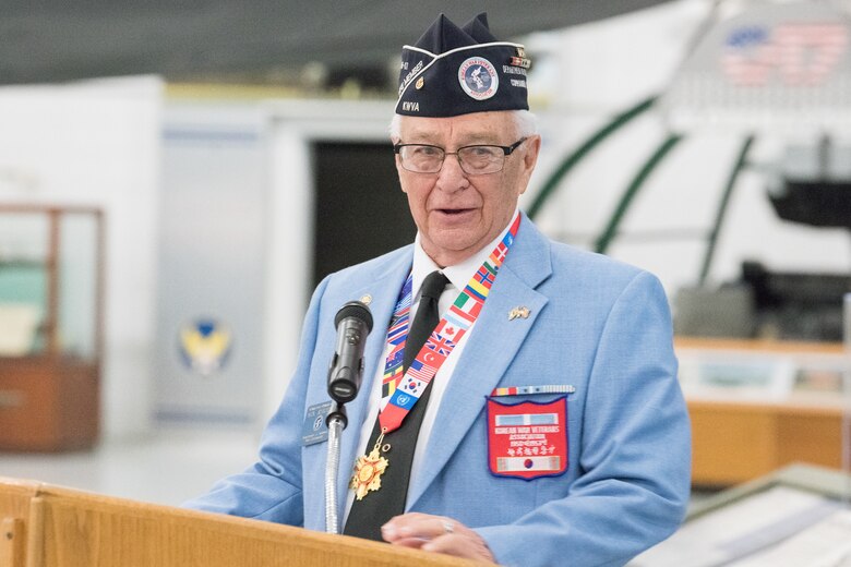 John “Mick” Schroeder, commander of the Korean War Veterans Association, speaks to the participants of the 20th Annual Chosin Ruck March on March 16, 2019, at the Air Mobility Command Museum on Dover Air Force Base, Del. Each year, proceeds from the race are donated to the Korean War Veterans Association. (U.S. Air Force Photo by Mauricio Campino)
