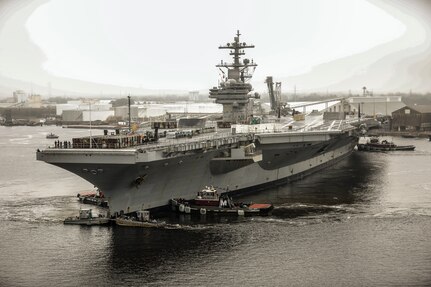 USS George H.W. Bush (CVN 77) arrived at Norfolk Naval Shipyard (NNSY) Feb. 21 for a 28-month Drydocking Planned Incremental Availability (DPIA).