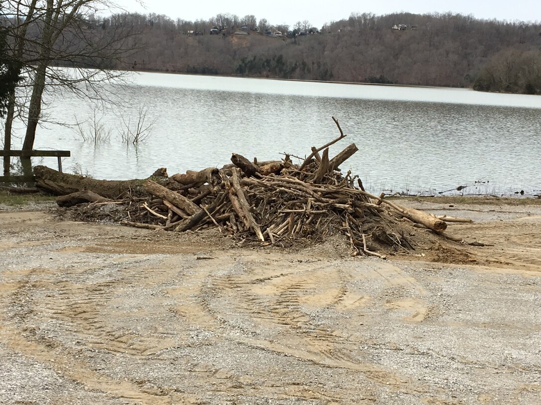 Debris and drift wood covers the Plank Yard Access Area at Dale Hollow Lake near Byrdstown, Tenn., March 12, 2019. The U.S. Army Corps of Engineers Nashville District is closing access to the area for an unspecified timeframe beginning April 1, 2019. (USACE Photo by Sondra Carmen)