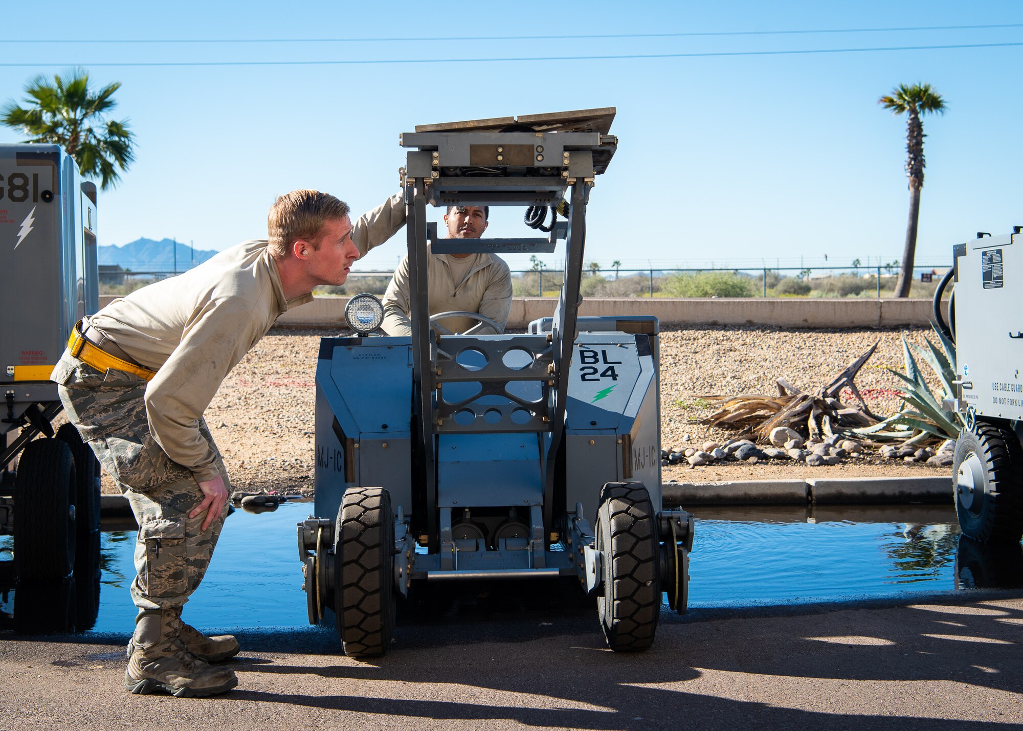 Airman 1st Class Connor Blankenship, 56th Equipment Maintenance Squadron Aerospace Ground Equipment maintainer inspects a jammer lift plate, March 14, 2019, at Luke Air Force Base, Ariz.