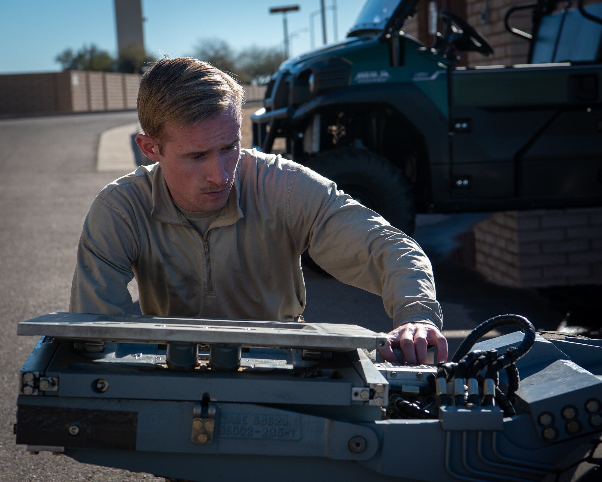 Airman 1st Class Connor Blankenship, 56th Equipment Maintenance Squadron Aerospace Ground Equipment maintainer, operates a jammer plate, March 14, 2019, at Luke Air Force Base, Ariz.