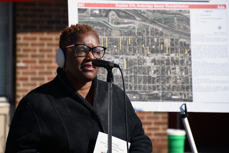 Karen Freeman-Wilson, mayor of Gary, Indiana, speaks during a groundbreaking ceremony in the Ambridge neighborhood of Gary March 19. The U.S. Army Corps of Engineers and the Gary Sanitary District are partnering on the sewer improvement project. (U.S. Army photo by Patrick Bray/Released)