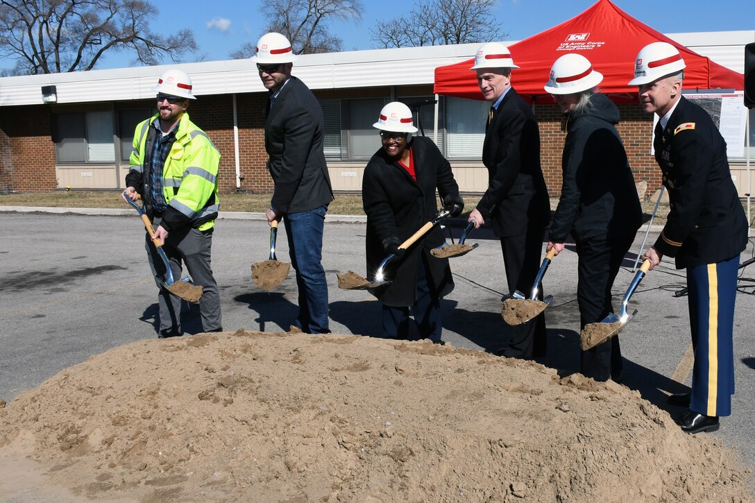 The U.S. Army Corps of Engineers Chicago District, Rep. Pete Visclosky (IN-1), Gary Mayor Karen Freeman-Wilson, and the Gary Sanitary District break ground on a sewer improvement project in Gary, Indiana, March 19. (U.S. Army photo by Patrick Bray/Released)