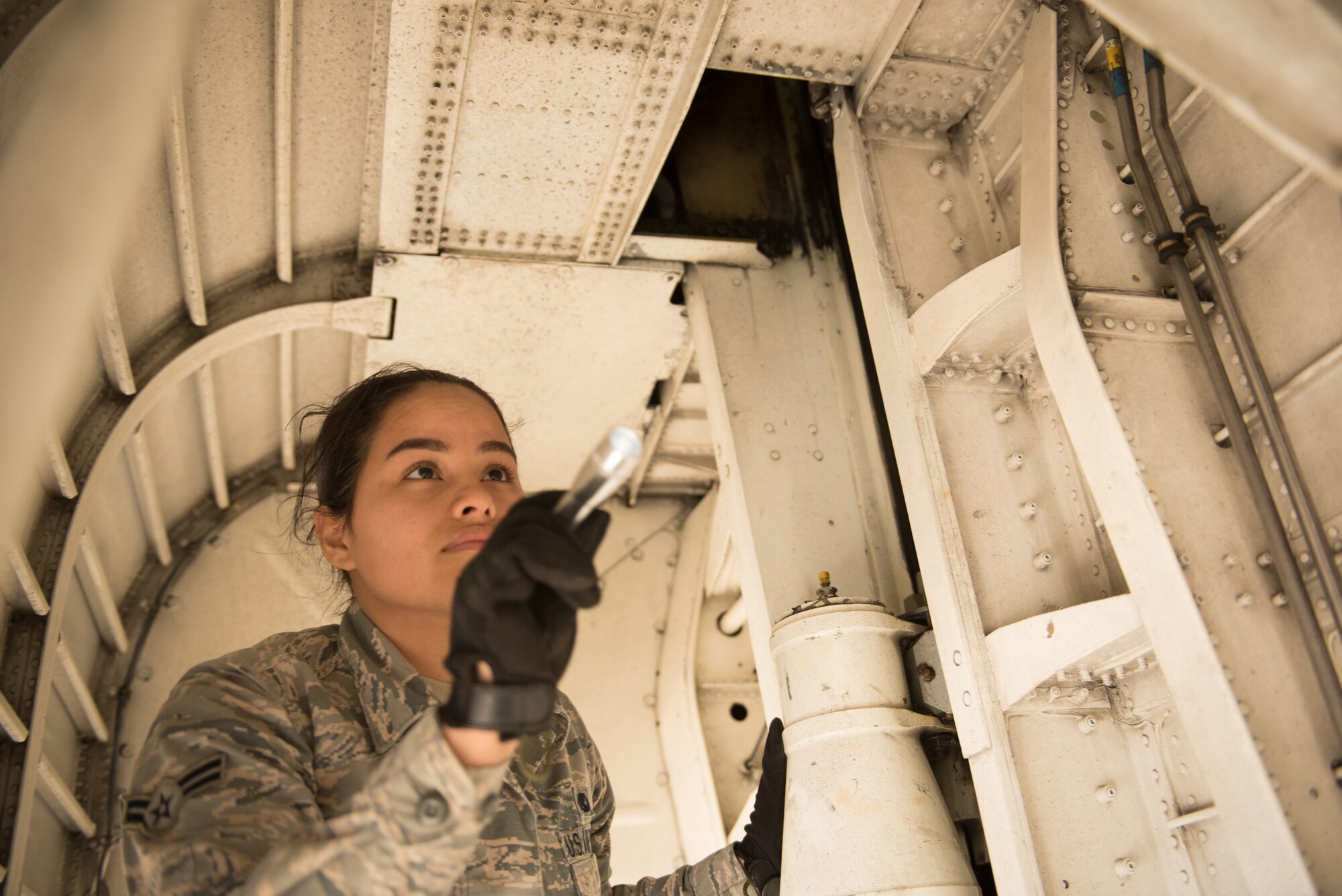 Airman conducting preflight inspection.