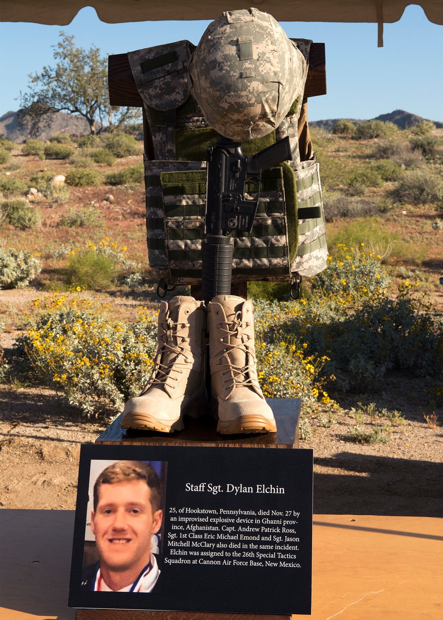 A tribute for Staff Sgt. Dylan Elchin, 26th Special Tactics Squadron combat controller at Cannon Air Force Base, N.M., sits on display at the March of the Fallen ruck march in Buckeye, Ariz., March 16, 2019.