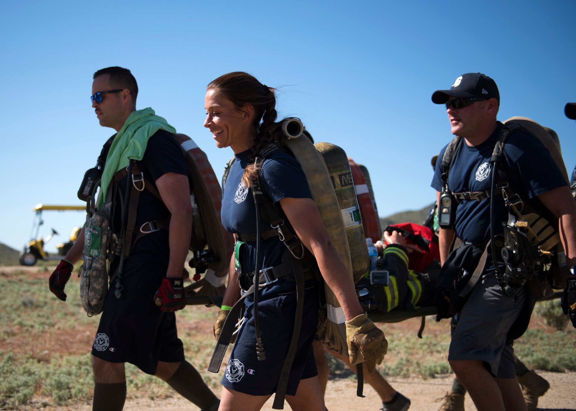 Firefighters from the 56th Civil Engineer Squadron were one of a few teams to participate in a six-person litter team competition as part of the March of the Fallen memorial event in Buckeye, Ariz., March 16, 2019.